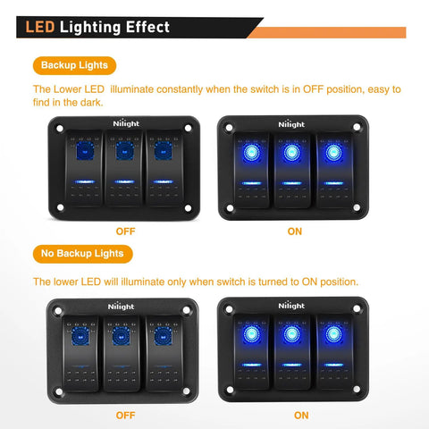 LED lighting effect on 3 Gang Aluminum Panel Toggle Rocker Switch Kit With Pre Wired Harness For Automotive Cars Boats Marine Trucks 12V 24V Blue With DIY Sign Stickers And Fuses Safe Durable Built To Last showing switches in on and off positions.