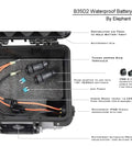 Tough As Nails IP68 Waterproof Battery Case For 12V 35Ah Batteries with connectors and fuses displayed inside.