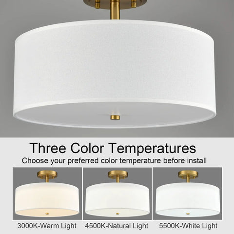 Dimmable Gold Semi Flush Mount Ceiling Light With Drum Shade, Dope 30W LED, Brass Finish, 3 Color Temperatures Display