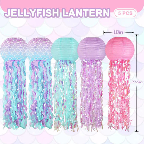 Colorful Jellyfish Paper Lanterns Set Of 6 In Pink Purple And Blue Hanging Lanterns For Mermaid Theme Under The Sea Ocean Birthday Party Decor Totally Vibrant Ocean Life Party Lighting And Backdrop Accents, showing five jellyfish-shaped paper lanterns in various colors