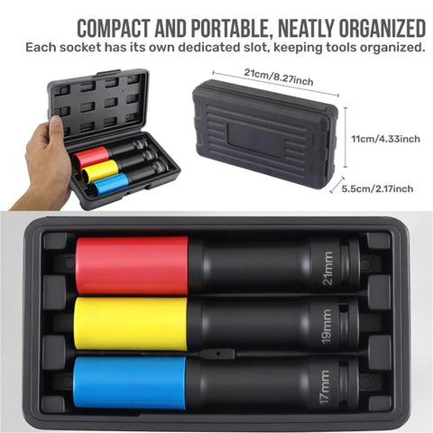 3-Piece 1/2-Inch Drive Deep Impact Socket Kit With 17 19 And 21mm Hex Bits For Auto Repair That Keeps You Moving Fast In The Shop Or On The Road Without Breaking The Bank., compact case with 17 19 21mm sockets