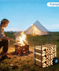 Heavy Duty Firewood Log Cart Carrier With Pneumatic Rubber Wheels, 250 Lb Load Capacity next to campfire scene