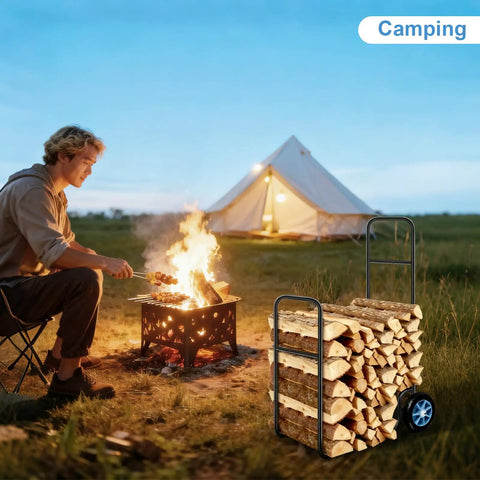 Heavy Duty Firewood Log Cart Carrier With Pneumatic Rubber Wheels, 250 Lb Load Capacity next to campfire scene