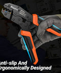 Close-up of Pro Grade Ratcheting Crimping Tool Kit for Insulated Wire Connectors AWG 20 10 with 400 pcs in gloved hand.