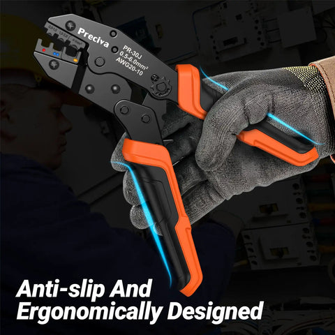 Close-up of Pro Grade Ratcheting Crimping Tool Kit for Insulated Wire Connectors AWG 20 10 with 400 pcs in gloved hand.