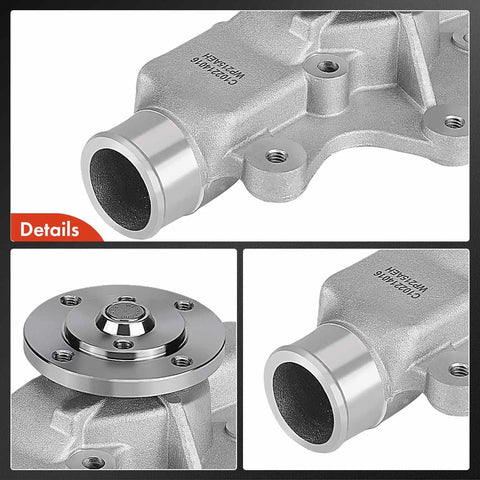 Close-up of Engine Water Pump With Gasket Replacement for Jeep Cherokee XJ 1987-2001 and similar models, gray aluminum
