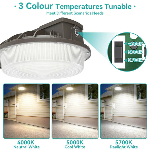 Dusk To Dawn Outdoor Wall Pack Light with Photocell Sensor, showing 3CCT warm cool daylight adjustable LED flood lighting.