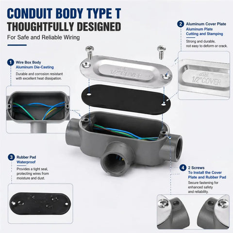 Rock Solid T Type Conduit Body Designed For A No Sweat Metal Tubing Pull Through Heavy Duty Die Cast Aluminum Threaded Junction Box with wiring.