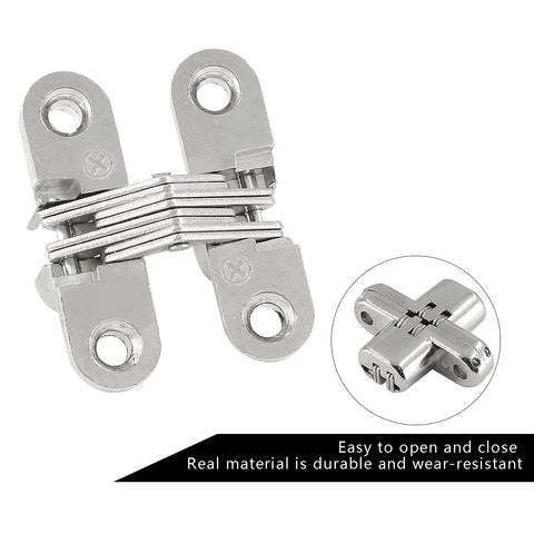 Hidden Gate Hinge Set For Cabinets 1-3/4 Inch Invisible Hinge With Concealed Barrel 180 Degree Opening, zinc alloy, close-up.
