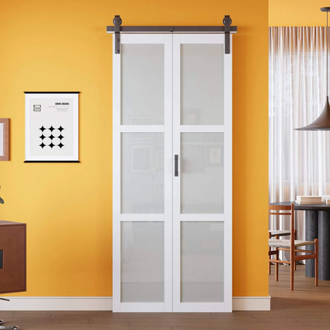 Experience effortless privacy and style with a paintable 36 by 84 inch bifold barn door featuring fingerprint resistant solid core MDF panels and 3 lite frosted glass for privacy, no assembly required for pantry and laundry areas.