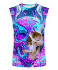 Men 3D Cyber Mechanical Skull Graphic Tank Top Moisture Wicking Quick Dry Sleeveless Workout Shirt with vibrant skull design.