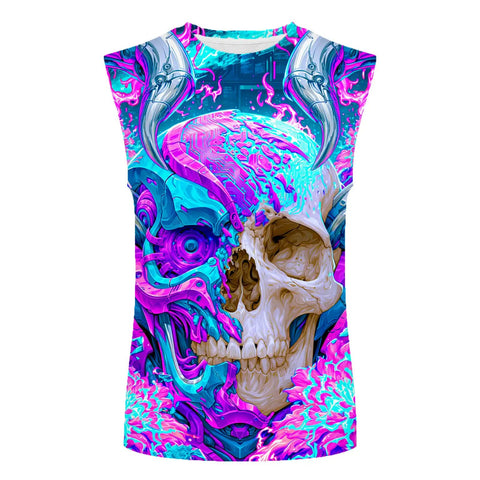 Men 3D Cyber Mechanical Skull Graphic Tank Top Moisture Wicking Quick Dry Sleeveless Workout Shirt with vibrant skull design.