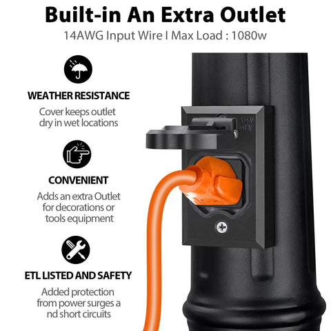 Close-up of Double Head Dusk To Dawn Outdoor Lamp Post Lights With Outlet showing built-in outlet with orange plug.