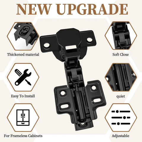 Zero Drama Soft Close Concealed Cabinet Hinges Full Overlay European Adjustable Frameless Door Mounts With Silent Hydraulic Damper Self Closing Kitchen Cupboard Hardware 10 Pack black hinge with thickened material and adjustments.