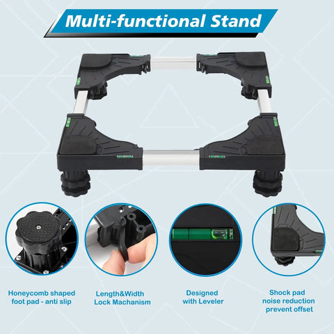 Universal Mobile Base Dolly With Four Double Wheel Casters For Mini Fridges Refrigerators Washers And Dryers Heavy Duty Stand Platform On Casters For Easy Under Counter Fit And Smooth Rolling, showing details of the lock mechanism and leveler.