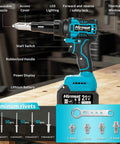 Tough As Nails Brushless Cordless Rivet Gun Packing Serious Pulling Force And Two Extended Batteries For Quick Aluminum Fastening Without Breaking A Sweat Or Dealing With Frustrating Slow Tools on workbench with aluminum rivets and accessories.
