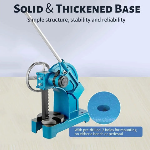3 Ton Ratchet Lever Arbor Press with Handwheel Industrial Manual Desktop Punch Press for Stamping and Deforming Heavy Duty Iron Beast Pre-Drilled Mounting Holes Rock Solid Base displayed on a wooden surface.