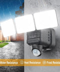 Alkaline Battery Motion Sensor Outdoor Lights 750LM Wireless Flood Lights illuminating in rain with IP65 seal, 3 head design