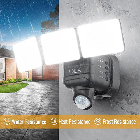 Alkaline Battery Motion Sensor Outdoor Lights 750LM Wireless Flood Lights illuminating in rain with IP65 seal, 3 head design