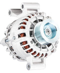 New 7.3L Alternator For Excursion 2000 2001 And F 250 F 350 Super Duty 1999 2001 Ambulance Package Primary Or Non Ambulance Replacement Part Plug And Play Ready Replaces 112949 F81U 10300 EB, showing side view with aluminum housing and copper wiring, 12V, 110A, CW rotation.