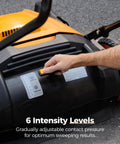 Heavy Duty Manual Walk Behind Floor Sweeper With 41 Inch Wide Cleaning Path For Warehouses Non Electric Broom showing adjustable intensity levels.