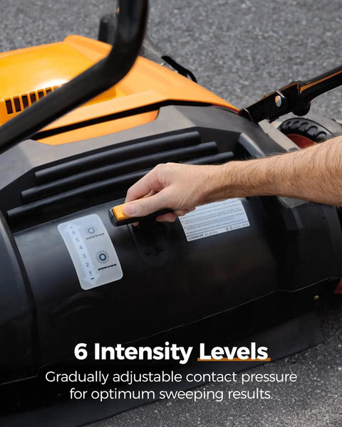 Heavy Duty Manual Walk Behind Floor Sweeper With 41 Inch Wide Cleaning Path For Warehouses Non Electric Broom showing adjustable intensity levels.