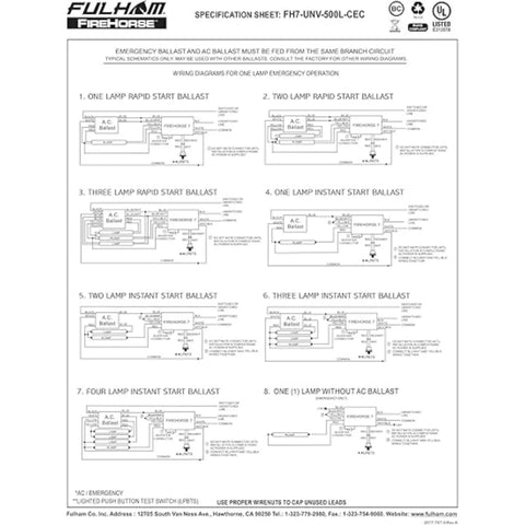 Technical diagrams of FireHorse 7 Emergency Ballast Universal Voltage White 500 Initial Lumen Output specifications.