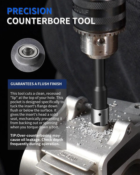 M6x1.0 thread repair kit with counterbore tool installed on metal workpiece; 304 stainless inserts visible