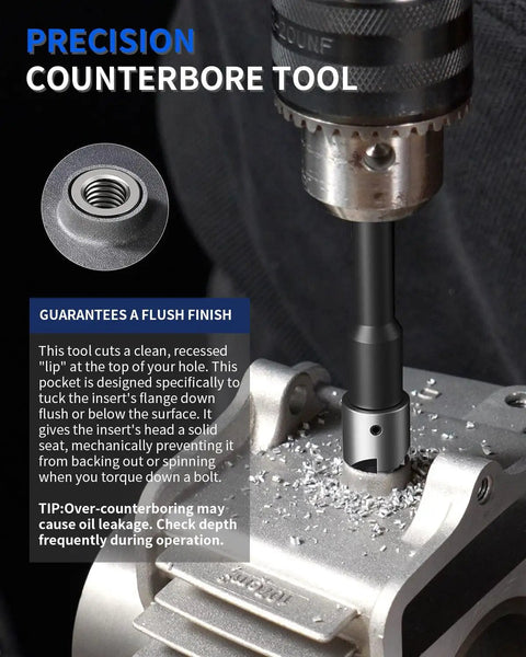 Precision counterbore tool with M10x1.25 Thread Repair Kit With HSS Drill Tap Counterbore And Installation Driver For Fixing Stripped Threads In Engines Auto Parts UTV Motorcycles And Bicycles Includes 10 Stainless Steel Inserts 14mm Long DIY Friendly in use.
