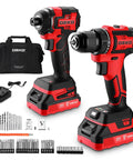 Heavy Duty Workhorse Cordless Drill And Impact Driver Duo With 20V Brushless Motor, battery, and various hex bits in a kit.