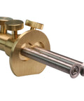 Close-up of Dead On Double Blade Marking Gauge Kit With Sweet Brass Fence And Insanely Clear Metric Scale, showing dual HSS blades and brass adjusters.
