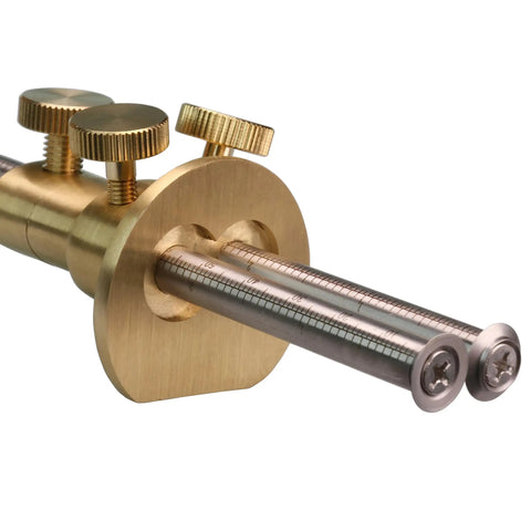 Close-up of Dead On Double Blade Marking Gauge Kit With Sweet Brass Fence And Insanely Clear Metric Scale, showing dual HSS blades and brass adjusters.