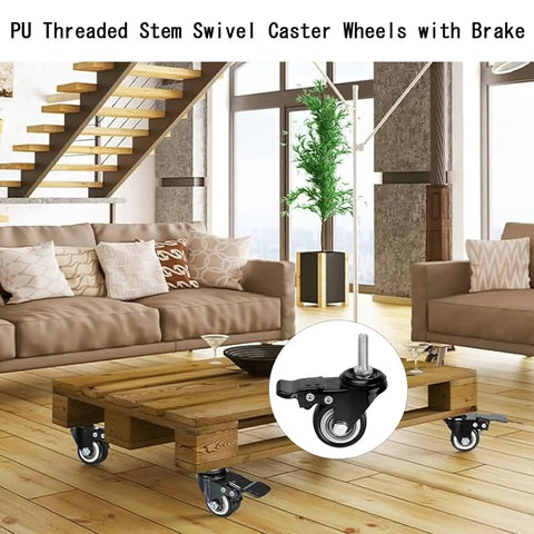 Heavy Duty Silent Polyurethane Swivel Caster Wheels With Threaded Stem And Dual Locking Brakes on a furniture setup in a living room.