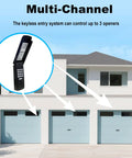 Keyless Garage Door Opener Keypad Replacement For LiftMaster, Chamberlain, And Craftsman With Yellow Purple Red Orange Green Learn Buttons Since 1993 Easy Wireless Entry No Key Needed Black Shell shown with a house and open garage doors.