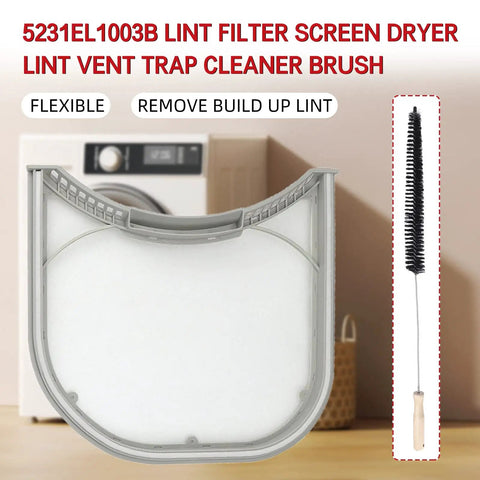 Dryer Lint Filter With Felt Seal for LG and Kenmore, model 5231EL1003B, with vent trap cleaner brush in laundry setting.