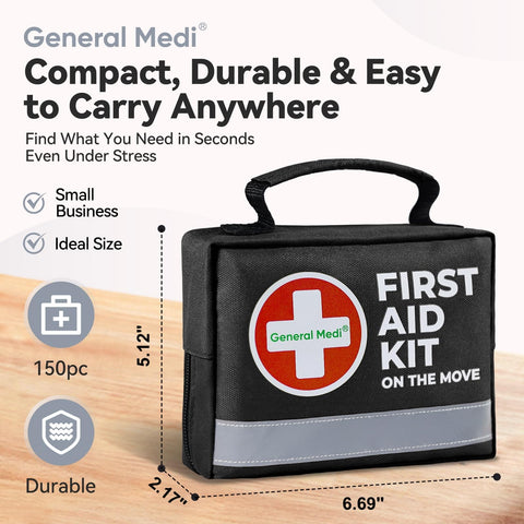 Front view of Compact 150 Piece First Aid Kit With Instant Cold Pack And Emergency Blanket For Grab And Go Travel Home Office Car Camping