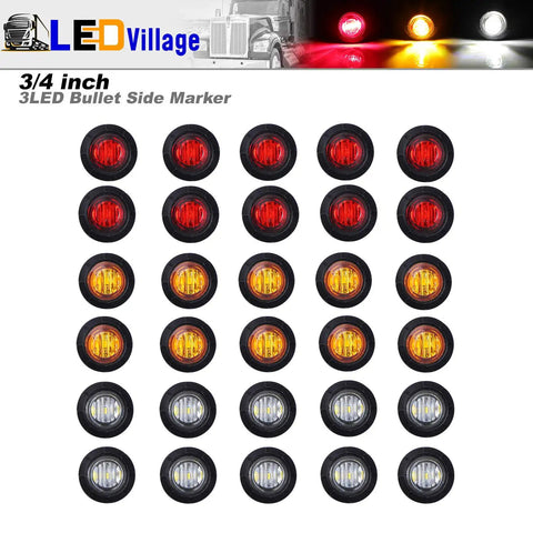 Must Have Three Quarter Inch LED Side Marker Lights 30 Pack Amber Red White Round Clearance Lamps Sealed 12V DC Three LED