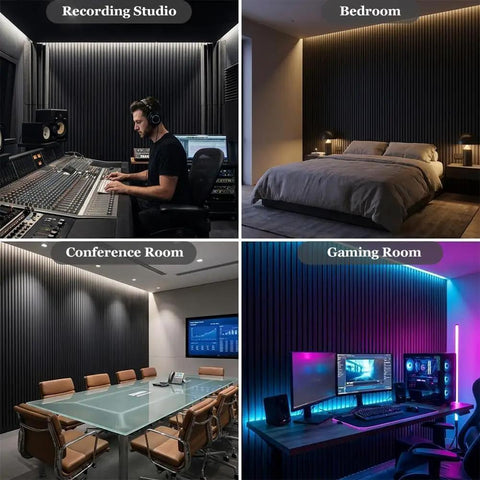 6 Pack Black Acoustic Foam Panels 1 X 24 X 24 Inch Soundproof Wedge Tiles in recording studio and gaming room for soundproofing.