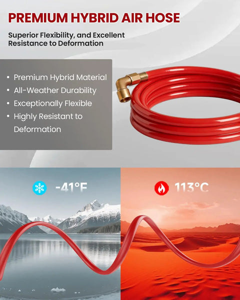 Hardcore Workhorse Retractable Air Hose Reel Runs 50 Ft Of Hybrid Polymer Tubing With Slick Auto Rewind Tech And Heavy Duty Steel Arm Wall Mounted Tight For Quick Shop Jobs That Never Snag, showcasing premium hybrid red hose with brass end.