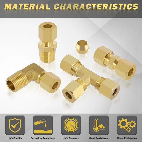 Brass compression fittings kit, 38 pieces, includes 1/4 in OD tees, elbows, straight couplings, and adapters