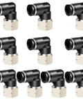 Pack of ten Female Elbow Push To Connect Fittings for pneumatic air lines, 1/4 inch tube OD, 3/8 inch NPT, 90 degree copper and plastic body