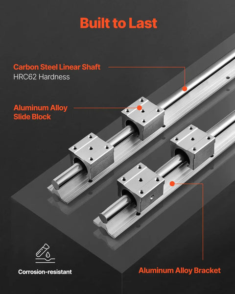 SBR20 1500mm Linear Guide Rail Kit With 4 SBR20UU Bearing Blocks showing carbon steel shaft and aluminum alloy components