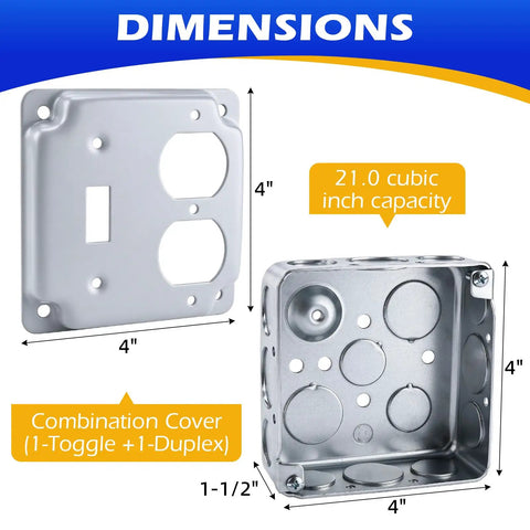 4x4 Inch 2 Gang Metal Electrical Box with combination cover showing dimensions and 21 cubic inch capacity