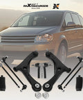Beefed Up 10 Piece Heavy Duty Suspension Kit For Dodge Grand Caravan 2008 To 2018, Chrysler Town And Country 2008 To 2016, And Volkswagen Routan 2009 To 2011 With Front Lower Control Arm Assemblies, Ball Joints, Sway Bar Links And Tie Rod Boots displayed with a van in the background