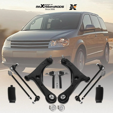 Beefed Up 10 Piece Heavy Duty Suspension Kit For Dodge Grand Caravan 2008 To 2018, Chrysler Town And Country 2008 To 2016, And Volkswagen Routan 2009 To 2011 With Front Lower Control Arm Assemblies, Ball Joints, Sway Bar Links And Tie Rod Boots displayed with a van in the background