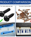 Top Shelf Heavy Duty Anti Theft License Plate Screws Kit featuring rust resistant stainless steel bolts, new vs rusty screws comparison, plate mounting.