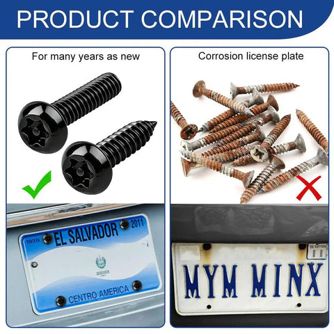 Top Shelf Heavy Duty Anti Theft License Plate Screws Kit featuring rust resistant stainless steel bolts, new vs rusty screws comparison, plate mounting.