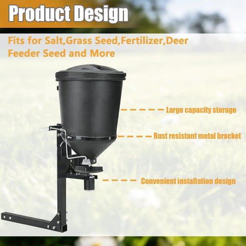 Side view of UTV Broadcast Spreader For Salt Grass Seed Fertilizer And More with 15 Gallon Hopper, showing design features.