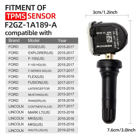 Ford TPMS Sensor Set Of 4 315MHz Replacement For F150 Explorer Fusion 2015 2024 Waterproof Tire Pressure Monitoring System Sensor Fits Lincoln OEM Replacement Direct Fit TPMS Sensors For Ford Lincoln Vehicles 4 Pack, black clamp-in sensor with fitment chart