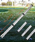 Detachable Golf Ball Retriever Tube, aluminum alloy, holds up to 24 balls, shown on golf course with scattered golf balls